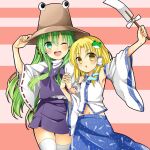  2girls blonde_hair blush cosplay costume_switch detached_sleeves frog_hair_ornament green_eyes green_hair hair_ornament hat highres japanese_clothes kochiya_sanae long_hair looking_at_viewer miko moriya_suwako multiple_girls one_eye_closed open_mouth pink_background snake_hair_ornament sugu016406 touhou two-tone_background yellow_eyes 