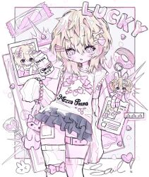  1girl :< adorable arm_warmers artist_name blonde_hair blue_skirt blush bone_hair_ornament bow bracelet bunny_girl chibi chibi_inset cute cutecore dot_mouth doughnut doughnut drink female female_only food-themed_hair_ornament food_themed_hair_ornament frilled_sleeves frills gem girl hair_ornament heart index_finger_raised jiayue kawaii kawaiicore leg_belt looking_at_viewer medium_hair mezzo_piano multiple_views no_nose open_mouth original parallel_hairclips pearl_(gemstone) pearl_bracelet pink_bow pink_eyes pink_sweater pink_theme rabbit rabbit rabbit_ears rabbit_ears rabbit_girl sal_(jiayue) scarf short_sleeves skirt strawberry_hair_ornament sweater thigh-highs thigh_belt white_arm_warmers white_scarf white_thighhighs wholesome yakult 