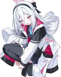 1girl beko_(beco_1122) black_hairband blue_archive blue_necktie blush braid double-parted_bangs hair_between_eyes hairband half_up_braid halo highres jacket kei_(blue_archive) kei_(student)_(blue_archive) long_hair long_hair_between_eyes long_sleeves looking_at_viewer multicolored_jacket necktie open_mouth pink_eyes pink_halo rectangular_halo ringed_eyes shirt simple_background solo thigh-highs two-tone_jacket white_background white_hair white_jacket white_shirt 