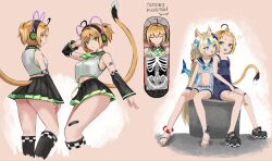  2girls absurdres ahoge animal_ear_fluff animal_ears bandaid bare_shoulders blue_eyes blue_overalls blue_streaks bone cat_ears crocs detached_sleeves dooby dooby_(1st_costume) dooby_(idol) fins fish_girl fish_tail green_eyes green_neckerchief headphones highres idol_clothes indie_virtual_youtuber jerboa jerboa_tail kobenichiii looking_at_another looking_at_viewer midriff multicolored_hair multiple_girls neckerchief overalls sameko_saba sameko_saba_(1st_costume) sandals shirt skirt streaked_hair tail thighs two-tone_hair virtual_youtuber 