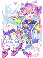  1girl :d ahoge bandaged_arm bandages bandaid bandaid_on_knee bandaid_on_leg blue_bow blue_bowtie blue_eyes blue_hair blush_stickers bow bowtie colored_inner_hair crossed_bangs double-parted_bangs frilled_skirt frilled_wrist_cuffs frills full_body green_shirt green_skirt hair_between_eyes hair_bow hair_intakes hair_ornament hand_up heart heart_hair_ornament highres kneehighs long_hair looking_at_viewer morumoru_x multicolored_hair open_mouth original pink_bow pink_hair pink_shoes plaid_clothes plaid_skirt pleated_skirt purple_bow rabbit_hair_ornament shirt shoes short_sleeves simple_background skirt sleeve_bow smile socks solo star_(symbol) star_hair_ornament v very_long_hair white_background white_socks wrist_cuffs 