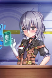  ... 1girl artist_name black_shirt braid braided_base bronya_zaychik bronya_zaychik_(haxxor_bunny) bronya_zaychik_(old_times) brown_overalls bun_with_braided_base character_name commentary english_commentary gloves grey_eyes grey_hair hair_between_eyes hair_bun hand_on_own_hip hand_up highres holographic_interface honkai_(series) honkai_impact_3rd id_card indoors looking_at_viewer necktie overalls puffy_short_sleeves puffy_sleeves shirt short_hair short_sleeves sidelocks signature single_hair_bun solo standing strap_slip textless_version upper_body video_game_dialogue_box white_gloves zero130rider 