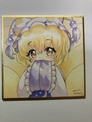  1girl absurdres blonde_hair blue_tabard commentary_request dated dress fox_girl fox_tail hands_in_opposite_sleeves hat highres kitsune kyuubi long_sleeves mob_cap mosho multiple_tails shikishi short_hair solo tabard tail touhou traditional_media upper_body white_dress white_hat yakumo_ran yellow_eyes 