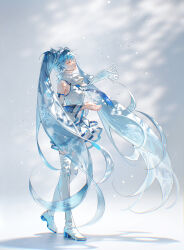  1girl blue_hair blue_necktie blue_trim boots closed_eyes commentary detached_sleeves earmuffs facing_up from_side full_body hair_ornament hatsune_miku headset highres long_hair necktie open_mouth scarf shirt skirt sleeveless sleeveless_shirt smile snowflake_print snowflakes solo standing thigh-highs thigh_boots tidsean twintails untranslatable_commentary very_long_hair vocaloid white_boots white_scarf white_shirt yuki_miku yuki_miku_(2011) 