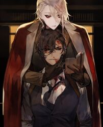  2boys arjuna_(fate) black_eyes black_hair bleeding blood blood_on_clothes blood_on_face book coat coat_on_shoulders commentary_request dark-skinned_male dark_skin eyeshadow eyeshadow_under_eye fate/grand_order fate_(series) gloves hair_between_eyes hand_on_another's_face holding holding_book injury jacket karna_(fate) makeup male_focus mo_(mocopo) multiple_boys necktie red_eyeshadow shirt short_hair smile upper_body white_hair 