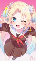  1girl :d ;d blonde_hair blue_eyes blue_hair blush brown_dress commentary_request curtained_hair double_v dress fang gradient_background gradient_hair hasu_no_sora_school_uniform highres long_hair long_sleeves looking_at_viewer love_live! love_live!_hasu_no_sora_jogakuin_school_idol_club multicolored_hair neckerchief one_eye_closed open_mouth osawa_rurino parted_bangs pink_background red_neckerchief reitou_mkn sailor_collar sailor_dress school_uniform smile solo twintails v v_over_eye virtual_youtuber white_sailor_collar winter_uniform 