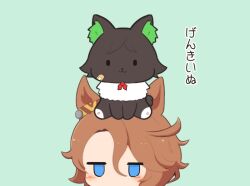  1girl :3 animal_ears animal_on_head animalization bandaid bandaid_on_cheek bandaid_on_face blue_background blue_eyes blush brown_hair chibi chibi_only closed_mouth commentary_request dog gomashio_(goma_feet) hair_between_eyes horse_ears horse_girl jitome narita_taishin_(umamusume) no_mouth on_head short_hair simple_background translation_request umamusume winning_ticket_(umamusume) |_| 
