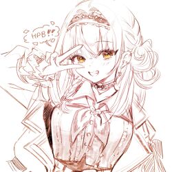  1girl breasts choker collared_shirt ear_piercing earrings ginjo_saine ginjo_saine_(1st_costume) grin hair_bun hairband hand_up happy_birthday highres jacket jewelry long_hair long_sleeves looking_at_viewer monochrome neckerchief necklace nekota_tsuna_(artist) open_clothes open_jacket piercing shirt simple_background smile solo spiked_choker spiked_ear_piercing spiked_hairband spikes v virtual_youtuber vspo! white_background yellow_eyes 