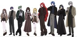  4boys 5girls ahoge alternate_costume bag belt binah_(project_moon) black_coat black_dress black_hair black_pants black_shirt black_skirt blonde_hair blue_hair bow bow_hairband bowtie brown_hair brown_jacket brown_skirt casual chesed_(project_moon) closed_mouth coat collared_shirt commentary_request contemporary cup disposable_coffee_cup disposable_cup dress everyone full_body gebura_(project_moon) green_eyes green_hair green_jacket grey_coat grey_hair grey_pants hair_over_one_eye hairband hand_in_pocket hand_on_own_neck handbag hat highres hod_(project_moon) hokma_(project_moon) holding holding_bag holding_cup jacket jewelry korean_commentary library_of_ruina lineup liweimarryme long_hair long_skirt long_sleeves looking_at_viewer malkuth_(project_moon) monocle multiple_boys multiple_girls necklace necktie netzach_(project_moon) open_clothes open_jacket pants ponytail project_moon purple_hair red_hair shirt shirt_partially_tucked_in shirt_tucked_in shoes short_hair shorts shoulder_bag simple_background skirt socks standing sweater tachi-e tiphereth_a_(project_moon) turtleneck turtleneck_sweater very_long_hair white_background white_shirt white_socks yesod_(project_moon) 