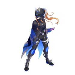  1girl absurdres alternate_costume alternate_hairstyle armored_boots assault_visor azure_striker_gunvolt belt blade_(gunvolt) blonde_hair body_armor bodysuit boots breasts cloak commission commissioner_upload covered_navel fake_horns forehead_jewel gauntlets gunvolt_chronicles_luminous_avenger_ix hand_on_hilt helmet highres horned_helmet horns kiauwrenn knee_armor long_hair long_sidelocks medium_breasts non-web_source ponytail scabbard sheath sidelocks solo suspenders_hanging sword thigh_strap thighs transparent_background weapon 