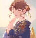  1girl blue_kimono brown_hair commission copyright_request floral_print flower hair_flower hair_ornament hair_up japanese_clothes kanzashi kimono looking_at_viewer nininiwa2 open_mouth own_hands_together print_kimono red_eyes sidelocks smile solo tassel upper_body yellow_nails 