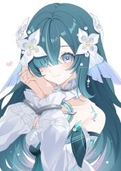  1girl aqua_hair blue_eyes blush closed_mouth collar commentary_request detached_collar detached_sleeves fins flower genshin_impact hair_flower hair_ornament hair_over_one_eye head_fins heart highres io_(eo_060503) own_hands_together simple_background smile solo upper_body vodyanitsa_(genshin_impact) white_background white_collar white_flower white_sleeves 