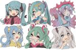  6+girls annotated aqua_eyes aqua_hair black_mask black_ribbon blonde_hair blue_eyes blue_hair cardigan chimera_(vocaloid) collared_shirt commentary envelope extra_arms gradient_hair hair_ornament hair_ribbon hatsune_miku highres liar_dance_(vocaloid) long_hair long_sleeves looking_at_viewer mask mask_pull mousou_zei_(vocaloid) mouth_mask multicolored_hair multiple_girls multiple_persona n_omi neck_ribbon open_mouth pink_eyes pink_hair pink_shirt positive_parade_(vocaloid) ribbon shirt short_hair simple_background smile songover star_(symbol) star_hair_ornament stitches streaked_hair twintails upper_body vampire_(vocaloid) very_long_hair vocaloid white_background white_hair white_shirt yellow_cardigan yellow_ribbon zombie_(vocaloid) 
