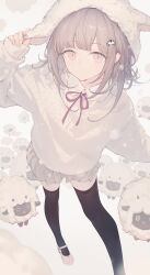  1girl absurdres black_thighhighs brown_hair commentary_request crossover danganronpa_(series) danganronpa_2:_goodbye_despair grey_skirt hair_ornament highres light_blush linfi-muu long_sleeves looking_at_viewer mary_janes nanami_chiaki neck_ribbon pale_colors pink_eyes pink_shoes pleated_skirt pokemon pokemon_(creature) ribbon sample_watermark sheep sheep_hat shoes skirt sweater thigh-highs watermark white_sweater wooloo zettai_ryouiki 