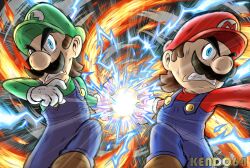  2boys absurdres blue_eyes blue_overalls brothers brown_hair commentary cr2_kendo64 electricity english_commentary facial_hair fire gloves green_hat green_shirt hat highres luigi mario multiple_boys mustache nintendo overalls red_hat red_shirt shirt short_hair short_male siblings super_mario_bros. white_gloves 