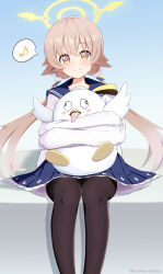  1girl absurdres anotherdetteiu black_pantyhose blue_archive blue_background blue_sailor_collar blue_skirt blush brown_hair cardigan closed_mouth commentary eyes_visible_through_hair feet_out_of_frame frilled_skirt frills gradient_background hair_between_eyes hair_ornament hair_ribbon halo happy hifumi_(blue_archive) highres holding holding_stuffed_toy hugging_object legs_together long_hair looking_at_viewer low_twintails miniskirt musical_note pantyhose peroro_(blue_archive) pleated_skirt ribbon sailor_collar school_uniform serafuku simple_background sitting skirt sleeves_past_fingers sleeves_past_wrists smile solo speech_bubble split_mouth spoken_musical_note stuffed_animal stuffed_bird stuffed_toy tareme tongue tongue_out trinity_general_school_logo twintails twitter_username very_long_hair white_cardigan wing_hair_ornament winged_halo yellow_eyes yellow_halo yellow_pupils yellow_ribbon 