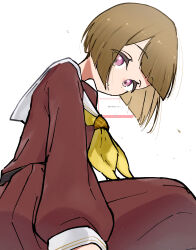  1girl absurdres bob_cut brown_dress brown_hair commentary_request dress fan_request hasu_no_sora_school_uniform highres inverted_bob kachimachi_kosuzu long_sleeves looking_at_viewer love_live! love_live!_hasu_no_sora_jogakuin_school_idol_club marshmallow_(site) neckerchief open_mouth pink_eyes request_inset sailor_collar sailor_dress school_uniform short_hair simple_background sitting solo syoma_(1026syoma) translation_request virtual_youtuber white_background white_sailor_collar winter_uniform yellow_neckerchief 