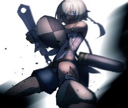  1boy anpolly armor blonde_hair blue_eyes blue_shorts buckler commentary_request dark-skinned_male dark_skin hair_tubes holding holding_sword holding_weapon legs_apart male_focus open_mouth puffy_shorts scabbard sekaiju_no_meikyuu sekaiju_no_meikyuu_4 sheath shield shorts solo sword swordsman_(sekaiju_4) swordsman_3_(sekaiju_4) v-shaped_eyebrows weapon white_background 