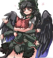  >_< 2girls :3 absurdres animal_ears bird_wings black_hair black_wings blush bow breasts cat_ears cat_girl cat_tail closed_eyes closed_mouth commentary_request dress eye20806972 flaming_arm green_bow green_dress green_skirt hair_bow heart highres hug kaenbyou_rin large_breasts long_hair long_sleeves multiple_girls multiple_tails reiuji_utsuho simple_background skirt tail touhou two_tails white_background wings 