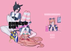  2girls absurdres agnes_digital_(umamusume) air_shakur_(umamusume) barcode black_hair black_nails blue_bow blue_shirt blue_shoes bow comiket_103 commentary_request cover cover_page doujin_cover fingernails full_body hair_bow hair_spread_out highres long_hair looking_at_viewer lying multiple_girls on_back open_mouth pappi pink_background pink_hair pink_thighhighs puffy_short_sleeves puffy_sleeves red_bow school_uniform shirt shoes short_sleeves sitting skirt smile sneakers striped_clothes striped_thighhighs thigh-highs tracen_school_uniform umamusume white_skirt white_thighhighs yellow_eyes 
