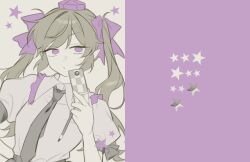  1girl bow brown_hair checkered_print closed_mouth collared_shirt commentary_request frilled_shirt_collar frills hair_bow hat himekaidou_hatate holding holding_phone long_hair looking_at_viewer phone pointy_ears puffy_short_sleeves puffy_sleeves purple_bow purple_hat sakic43899 shirt short_sleeves solo star_(symbol) tokin_hat touhou twintails upper_body violet_eyes 