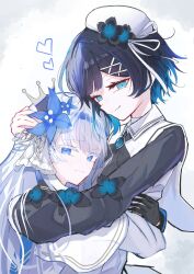  2girls alternate_color beret black_flower black_hair black_ribbon black_shirt black_sleeves blue_eyes blue_flower blue_hair blue_necktie blue_skirt capelet choker closed_mouth coat collared_coat collared_shirt commentary crown flower flower-trimmed_sleeves gradient_hair h1a0t6 hair_flower hair_ornament hat hat_flower hat_ribbon heart hug inverted_colors layered_skirt long_hair long_skirt long_sleeves looking_at_viewer mahou_shoujo_no_majo_saiban mini_crown multicolored_hair multiple_girls neck_ribbon necktie nikaido_hiro overskirt pantyhose pleated_skirt ribbon sakuraba_ema shirt short_hair side_capelet simple_background skirt sleeveless sleeveless_coat smile untranslatable_commentary white_background white_capelet white_choker white_coat white_hair white_hat white_pantyhose white_shirt white_skirt x_hair_ornament yuri 