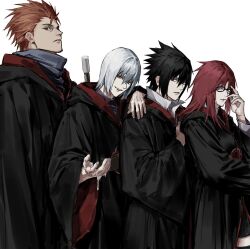  1girl 3boys :d akatsuki_uniform black-framed_eyewear black_coat black_hair closed_mouth coat glasses grey_hair hair_between_eyes hand_on_another's_shoulder highres hoozuki_suigetsu juugo_(naruto) karin_(naruto) long_sleeves looking_at_viewer medium_hair multiple_boys naruto_(series) naruto_shippuuden open_mouth orange_eyes orange_hair red_eyes red_hair sharingan short_hair smile sso_s uchiha_sasuke violet_eyes wide_sleeves 