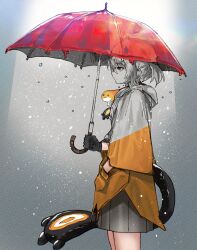  1girl absurdres advarcher ahoge black_gloves coat commentary english_commentary gigi_murin gloves grem_(gigi_murin) grey_skirt hand_in_pocket highres holding holding_umbrella hololive hololive_english on_shoulder partially_colored rain short_hair skirt tail twintails umbrella virtual_youtuber yellow_coat 