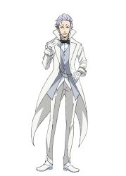  1boy artist_request black_bow black_bowtie bow bowtie clayman_(tensura) coat collared_coat formal_clothes full_body gloves grey_hair grey_vest hand_on_own_chest hand_on_own_hip hand_up long_sleeves looking_at_viewer male_focus official_art pants pointy_ears purple_hair second-party_source shirt shoes short_hair simple_background smile solo standing tachi-e teeth tensei_shitara_slime_datta_ken transparent_background vest white_coat white_gloves white_pants white_shirt white_shoes white_tailcoat 