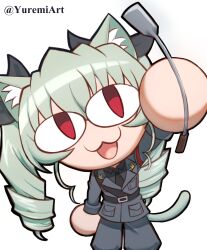 1girl :3 anchovy_(girls_und_panzer) animal_ears anzio_military_uniform armband belt black_bow black_necktie bow cat_ears chibi drill_hair girls_und_panzer green_hair hair_bow highres holding holding_riding_crop long_hair necktie neco-arc red_armband red_eyes riding_crop shoulder_belt tail tsukihime twin_drills twintails white_background yuremiart
