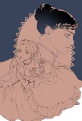  2girls braid character_request choker closed_mouth collarbone commentary_request dress frilled_dress frills ghosts_of_greywoods hair_bun highres korean_commentary let_ink limited_palette long_dress multiple_girls single_hair_bun smile unfinished 