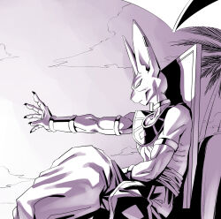  amayuki318 ancient_egyptian_clothes animal_ears animal_nose armlet baggy_pants beach_umbrella beerus belt black_nails bracer cat_boy cat_ears clouds cloudy_sky collarbone colored_skin commentary_request crossed_legs dragon_ball dragon_ball_super dragon_ball_z dragon_ball_z_kami_to_kami from_side gold gradient_background half-closed_eyes hand_on_own_leg highres jewelry muscular muscular_male palm_tree pants partially_colored pointy_ears purple_background purple_skin serious sitting skinny sky topless_male tree umbrella usekh_collar very_long_ears white_background 