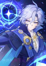  1boy absurdres ahoge arm_up artist_name ascot avesaoi black_jacket black_vest blue_background blue_gem blue_scarf buttons cape closed_mouth collared_jacket collared_shirt commentary empty_eyes english_commentary gem genshin_impact hair_between_eyes high_collar highres jacket jewelry lapels long_sleeves looking_afar magic male_focus mitya_(genshin_impact) open_clothes open_jacket orange_gem pendant purple_cape purple_hair purple_jacket scarf shirt short_hair simple_background solo star_(symbol) tassel two-sided_fabric two-sided_jacket v-shaped_eyebrows vest violet_eyes watermark wavy_hair white_ascot white_shirt 