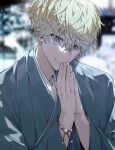  1boy absurdres blonde_hair blurry blurry_background bracelet closed_mouth commentary english_commentary gradient_hair grey_jacket grey_kimono hair_between_eyes hands_up haori head_tilt highres jacket japanese_clothes jewelry keita_kg85 kimono long_sleeves looking_at_viewer male_focus multicolored_hair nijisanji nijisanji_en open_clothes open_jacket own_hands_together praying short_hair smile snow snowing solo sonny_brisko upper_body violet_eyes virtual_youtuber wide_sleeves 