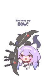  1girl :d absurdres black_hairband blush bow_(weapon) bright_pupils chibi chibi_only commentary cropped_torso decrilus detached_sleeves double-parted_bangs english_commentary english_text hairband highres holding holding_bow_(weapon) holding_weapon horns long_hair long_sleeves open_mouth original pink_eyes purple_hair shirt simple_background smile solo weapon white_background white_pupils white_shirt white_sleeves 
