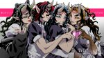  4boys aizetsu_(kimetsu_no_yaiba) animal_ears animal_hands apron artist_name back_bow black_dress black_hair black_jacket blue_eyes blue_hair blue_nails blue_sclera bow brown_hair brown_sclera claws closed_mouth collared_dress colored_sclera crossdressing demon_boy dress fake_animal_ears fangs fingernails frilled_apron frills gradient_background green_eyes green_hair green_nails green_sclera hand_up hands_up heart heart_hands heart_hands_duo highres horn_ornament horn_ribbon horns jacket jacket_partially_removed karaku_(kimetsu_no_yaiba) kimetsu_no_yaiba lll_123_lll long_hair long_sleeves looking_at_viewer maid maid_apron maid_headdress male_focus monster_boy multicolored_background multicolored_hair multiple_boys open_mouth pink_bow pointy_ears puffy_short_sleeves puffy_sleeves red_eyes red_nails red_sclera redhead ribbon scales sekido_(kimetsu_no_yaiba) sharp_fingernails short_hair short_sleeves standing symbol-shaped_pupils tongue tongue_out twitter_username two-tone_hair urogi_(kimetsu_no_yaiba) veins white_apron white_background white_dress yellow_eyes 