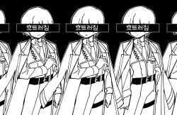  5boys censored censored_identity clone closed_mouth coat coat_on_shoulders collared_shirt cowboy_shot friedbirdchips greyscale korean_text limbus_company monochrome multiple_boys necktie parted_lips project_moon repetition shirt smile thigh_strap translation_request vest yi_sang_(project_moon) 