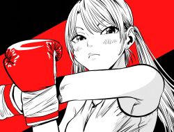  1girl boxing_gloves breasts commentary_request cross-body_stretch ear_piercing earrings eyebrows_hidden_by_hair gloves greyscale_with_colored_background hatching_(texture) highres jewelry lee_(dragon_garou) light_blush linear_hatching long_hair medium_breasts original piercing portrait red_background red_gloves solo sports_bra spot_color stud_earrings twintails 