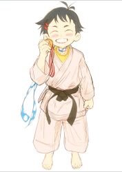  1girl ^_^ aged_down arm_at_side barefoot black_hair blush blush_stickers child choker closed_eyes dougi facing_viewer grin hair_ornament hairclip highres holding_medal karate_gi makoto_(street_fighter) martial_arts_belt parallel_hairclips polka_dot polka_dot_ribbon proud ribbon ribbon_choker short_hair simple_background smile solo street_fighter tomboy very_short_hair white_background white_dougi zero_setsu 