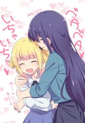 2girls black_ribbon blonde_hair blue_shirt closed_eyes collared_shirt commentary_request girlish_number grey_skirt heart hug japanese_text kawazu_kento long_hair multiple_girls open_mouth purple_skirt ribbon shibasaki_kazuha shirt skirt sonou_momoka translation_request white_background white_shirt yuri