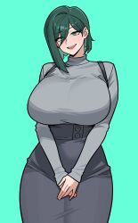  1girl absurdres breasts green_background green_eyes green_hair grey_shirt grey_skirt hair_between_eyes hair_over_one_eye high-waist_skirt highres large_breasts long_sleeves nokaa_aru open_mouth original own_hands_together shirt single_hair_intake skirt teeth tight_clothes turtleneck turtleneck_shirt upper_teeth_only v_arms 
