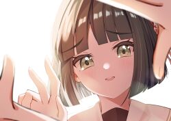  2girls :d absurdres black_hair blunt_bangs blunt_ends blush bob_cut commentary female_pov finger_frame flower flower_knot green_eyes hair_flower hair_ornament hasu_no_sora_school_uniform highres ippan_3000 looking_at_viewer love_live! love_live!_hasu_no_sora_jogakuin_school_idol_club momose_ginko multiple_girls open_mouth pink_flower pov pov_hands raised_inner_eyebrows sailor_collar school_uniform short_hair sidelighting smile solo_focus teeth upper_teeth_only virtual_youtuber white_sailor_collar winter_uniform 