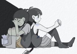  2boys antenna_hair black_sweater_vest black_tank_top black_thighhighs brown_shorts closed_eyes closed_mouth collared_shirt colored_skin commentary_request crying expressionless grey_shorts invisible_floor knees_up knife male_focus multiple_boys omori omori_(omori) parted_lips shirotsume_143 shirt short_hair short_sleeves shorts sitting socks striped_clothes striped_shorts sunny_(omori) sweater_vest tank_top thigh-highs tissue tissue_box vertical-striped_clothes vertical-striped_shorts white_shirt white_skin white_socks 