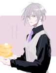  1boy anno_meiji black_shirt collared_shirt facing_to_the_side food grey_background grey_hair grey_vest heterochromia highres looking_at_viewer mahoutsukai_no_yakusoku male_focus necktie owen_(mahoutsukai_no_yakusoku) pancake pancake_stack parted_lips pink_background purple_necktie red_eyes shirt short_hair solo teeth vest yellow_eyes 