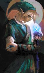  1boy absurdres blonde_hair blue_eyes champion's_tunic_(zelda) fairy fairy_wings green_tunic hat highres holding holding_sword holding_weapon kyezzzz link male_focus master_sword navi pointy_ears shield shield_on_back spiky_hair sword the_legend_of_zelda the_legend_of_zelda:_ocarina_of_time tunic weapon wings 
