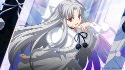  1girl capelet chest_bow commentary_request copyright_name dress fur-trimmed_capelet fur_trim grey_hair highres long_hair looking_at_viewer melty_blood:_twi-lumina official_art parted_lips pom_pom_(clothes) red_eyes second-party_source solo takeuchi_takashi white_capelet white_dress white_len_(tsukihime) 