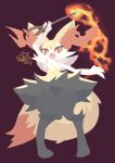  1girl animal_ear_fluff animal_ears animal_feet animal_hands animal_nose arm_up artist_name black_fur blush body_fur braixen commentary dated fang fire flat_chest fox_ears fox_girl fox_tail full_body furry furry_female happy holding holding_stick knees_together_feet_apart legs light_blush looking_at_viewer multicolored_fur neck_fur nyaswitchnya open_mouth pigeon-toed pokemon pokemon_(creature) purple_background pyrokinesis red_eyes signature simple_background smile solo standing stick symbol-only_commentary tail thighs white_fur yellow_fur 