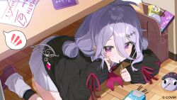  1girl 67_(meme) absurdres all_fours black_jacket breasts character_name classroom diamond_hairband food food_in_mouth highres hololive hololive_english jacket koseki_bijou koseki_bijou_(serafuku) large_breasts long_hair meme notebook notice_lines official_alternate_costume out_of_frame pocky pocky_in_mouth red_ribbon red_shoes ribbon shoes shusuchii skirt smile socks solo sweater under_table violet_eyes virtual_youtuber white_skirt white_socks wooden_floor 