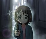  1girl alley black_eyes black_hair empty_eyes gun hair_ornament hairclip hood hoodie idolmaster idolmaster_cinderella_girls kotori_ryou parted_bangs pointing_weapon pov sasaki_chie short_hair weapon 