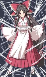  1girl absurdres blush bow brown_eyes brown_hair brown_sandals chihaya_(clothing) closed_mouth commentary_request commission frilled_bow frilled_hair_tubes frills full_body gensokyo's_first_hakurei_miko hair_bow hair_tubes hakama hakama_skirt highres japanese_clothes long_hair long_sleeves looking_at_viewer miko ponytail red_bow red_hakama restrained ribbon-trimmed_sleeves ribbon_trim rise_(rise19851203) sandals silk skeb_commission skirt socks solo spider_web stuck sweatdrop tabi touhou unfinished very_long_hair white_socks wide_sleeves 